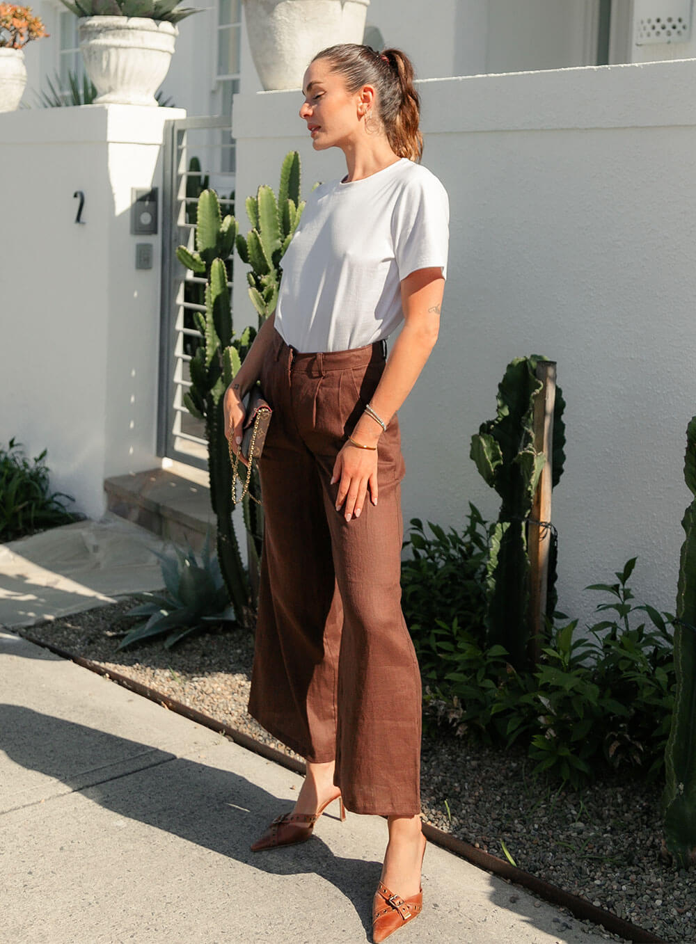 Edith Linen Culottes in chocolate is 100% Linen with elastic waistband at back, only slightly cropped, button and zip enclosure at front and 2 side pockets