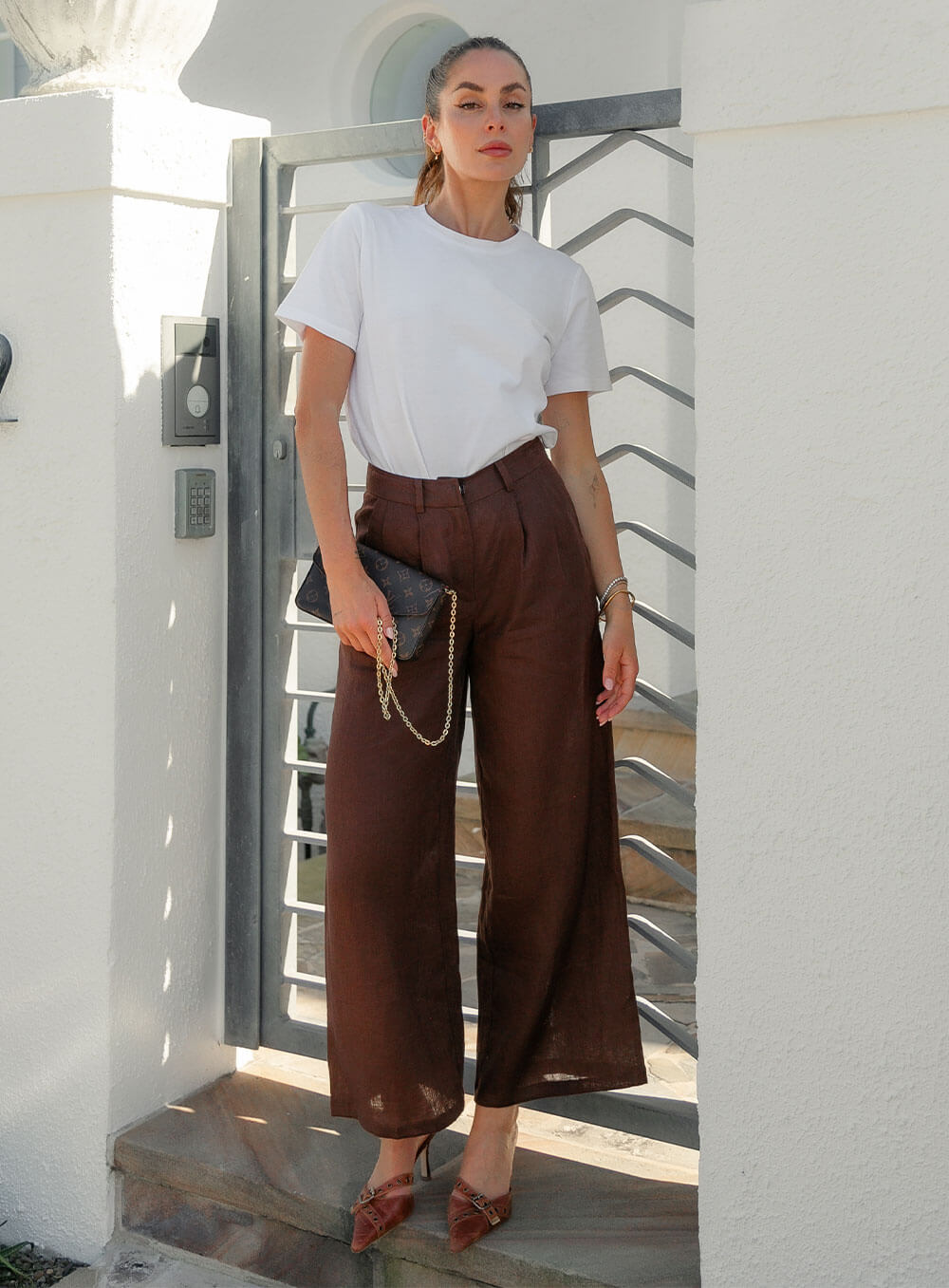 Edith Linen Culottes in chocolate is 100% Linen with elastic waistband at back, only slightly cropped, button and zip enclosure at front and 2 side pockets
