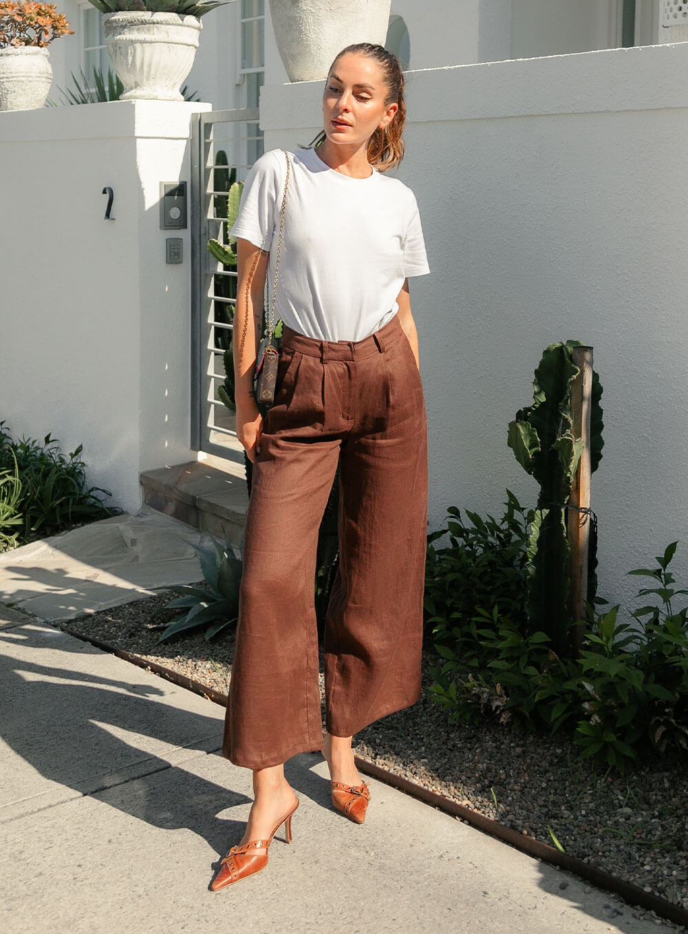 Edith Linen Culottes in chocolate is 100% Linen with elastic waistband at back, only slightly cropped, button and zip enclosure at front and 2 side pockets