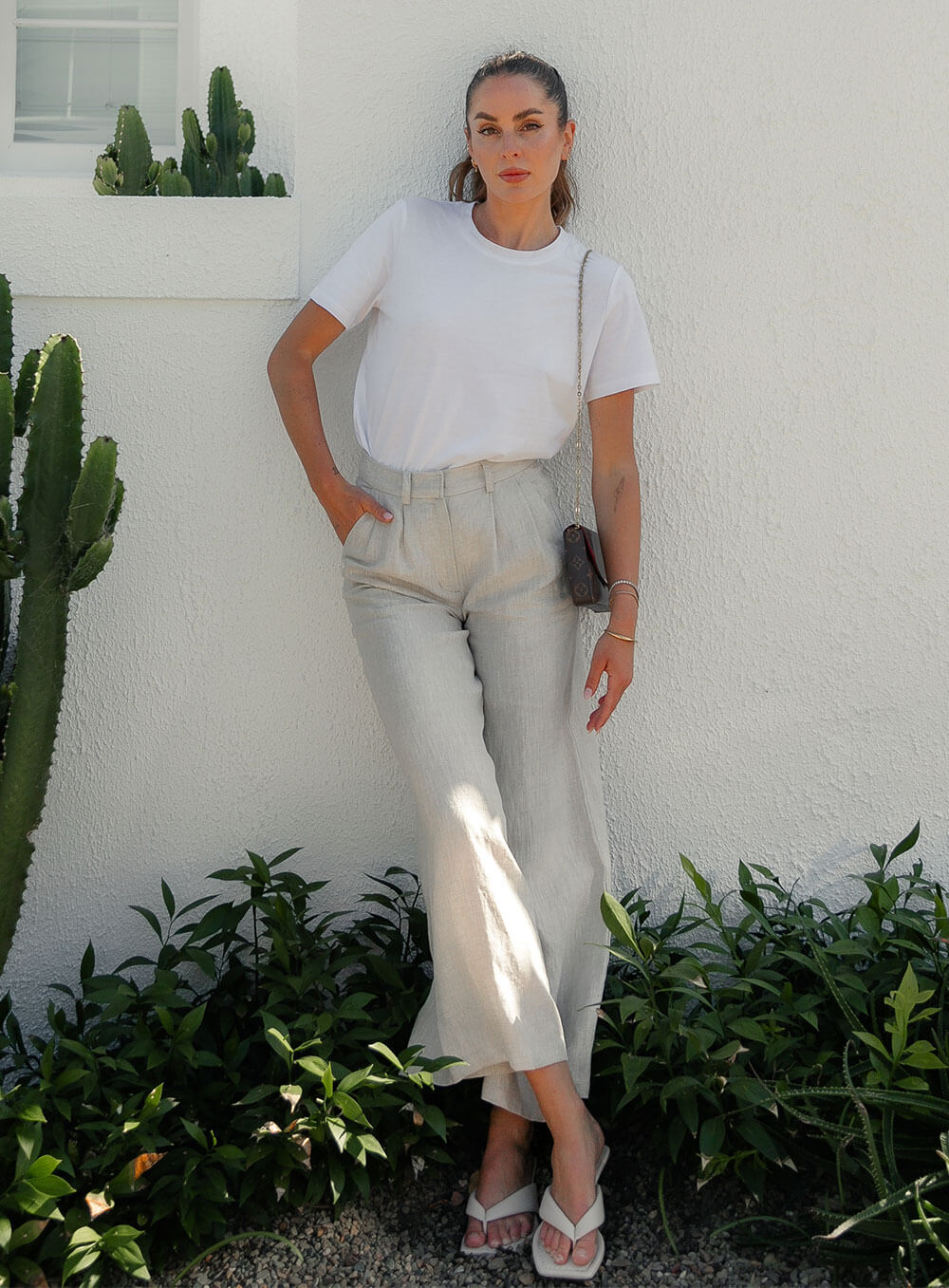 Edith Linen Culottes in beige is 100% Linen with elastic waistband at back, only slightly cropped, button and zip enclosure at front and 2 side pockets
