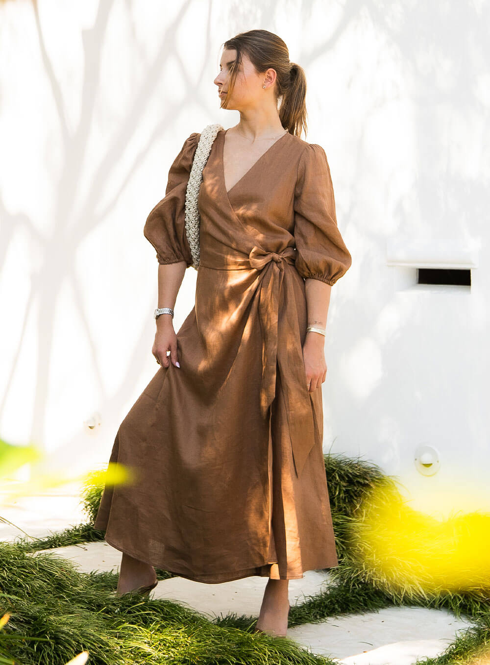 The Lydia Linen Wrap Dress is midi in length, functional wrap tie, Cross over front, soft bias cut skirt.