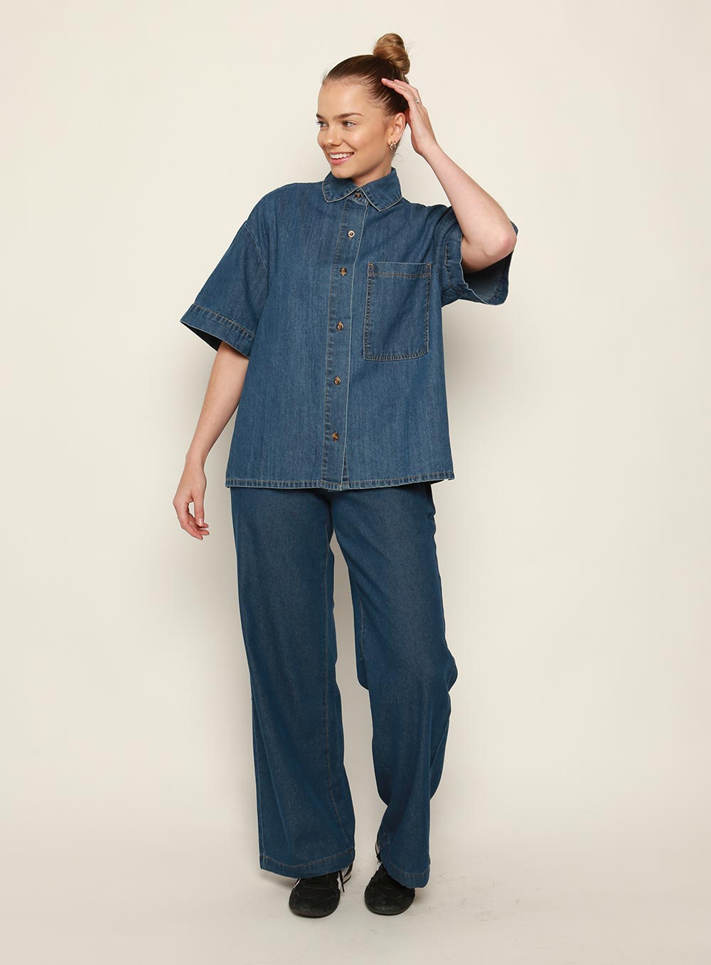 Adele Denim Short Sleeve Shirt-MID BLUE