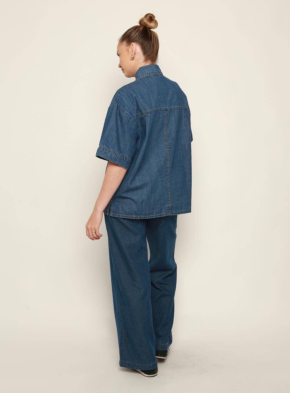 Adele Denim Short Sleeve Shirt-MID BLUE