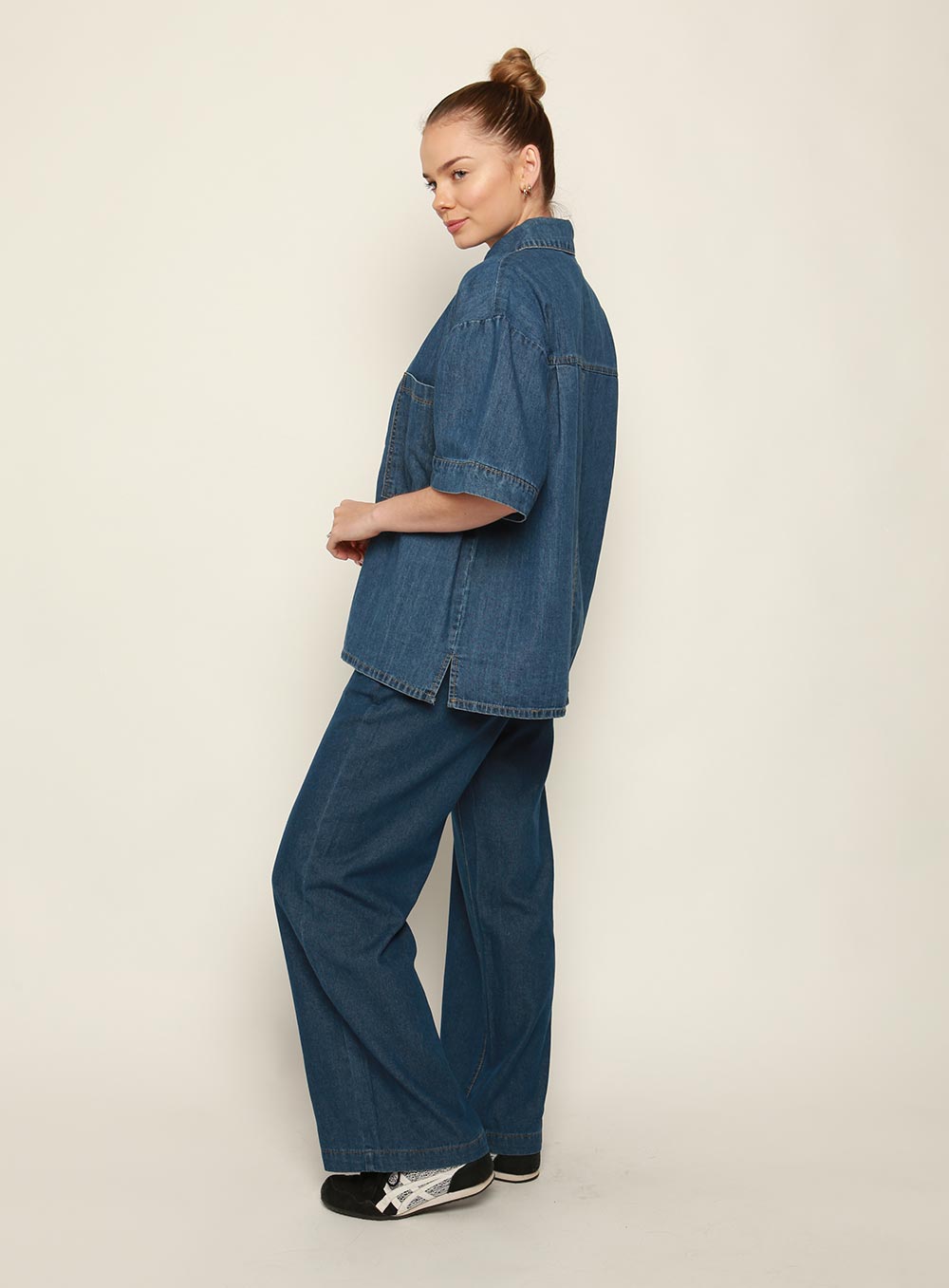 Adele Denim Short Sleeve Shirt-MID BLUE