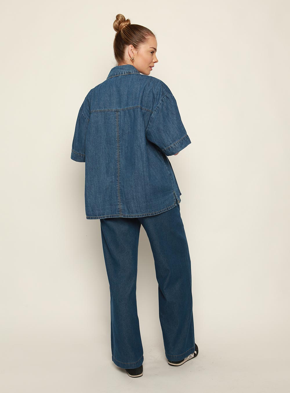 Adele Denim Short Sleeve Shirt-MID BLUE