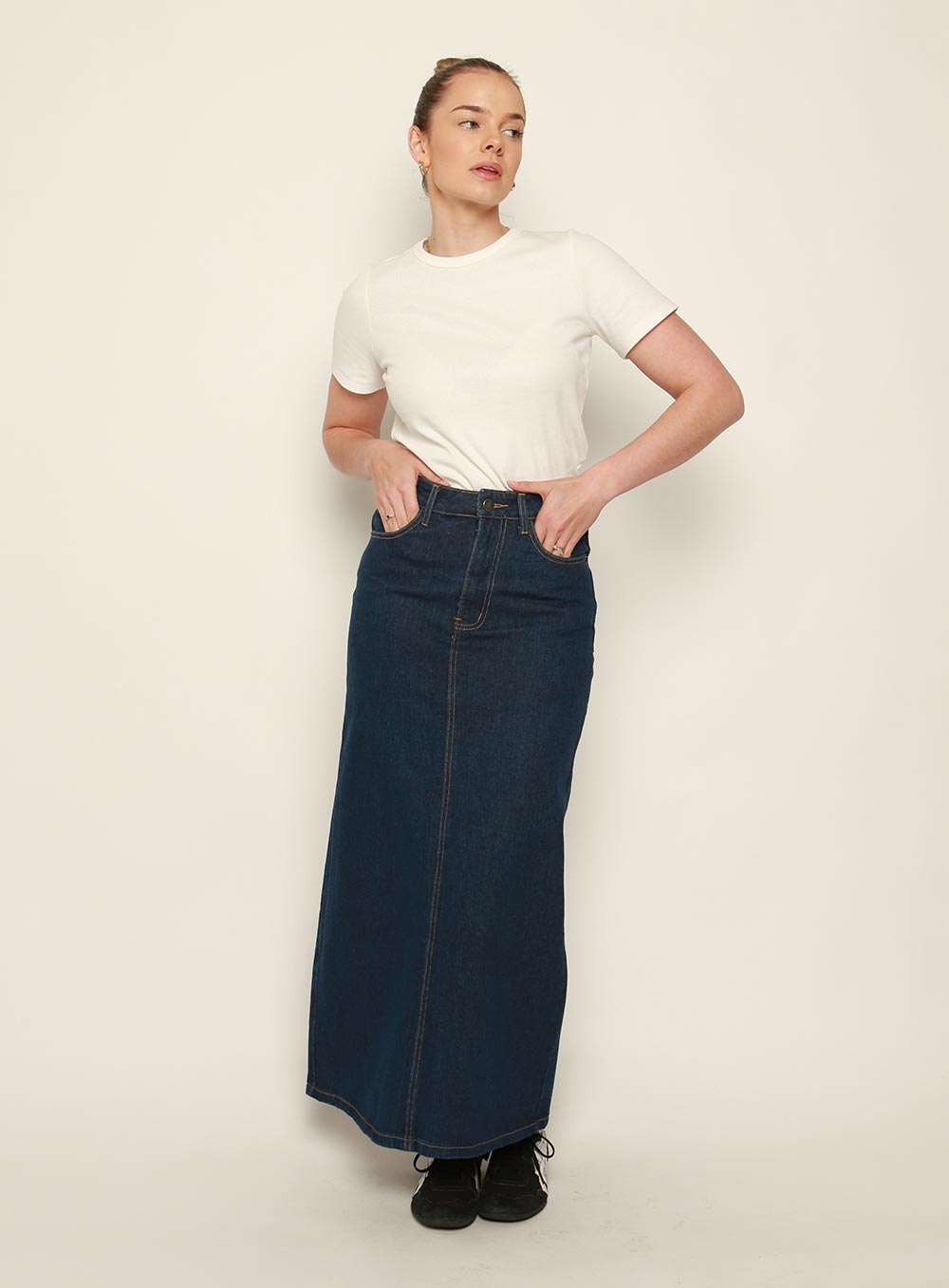 Adia Denim Midi Skirt-DARK BLUE