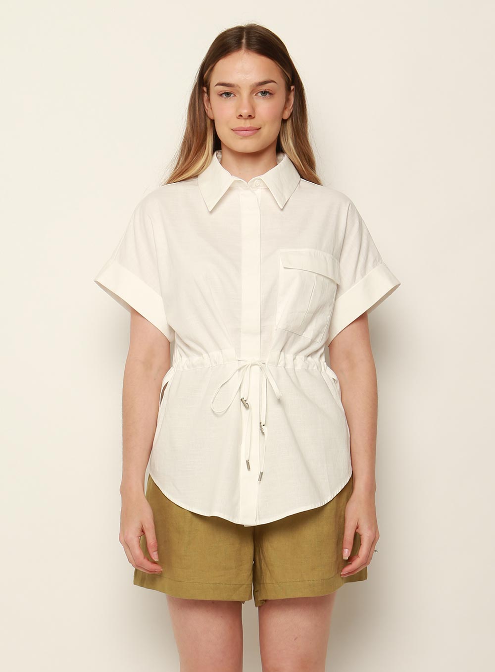 Ariel Short Sleeve Shirt With Tie-White