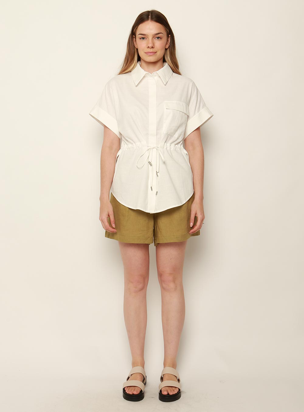 Ariel Short Sleeve Shirt With Tie-White