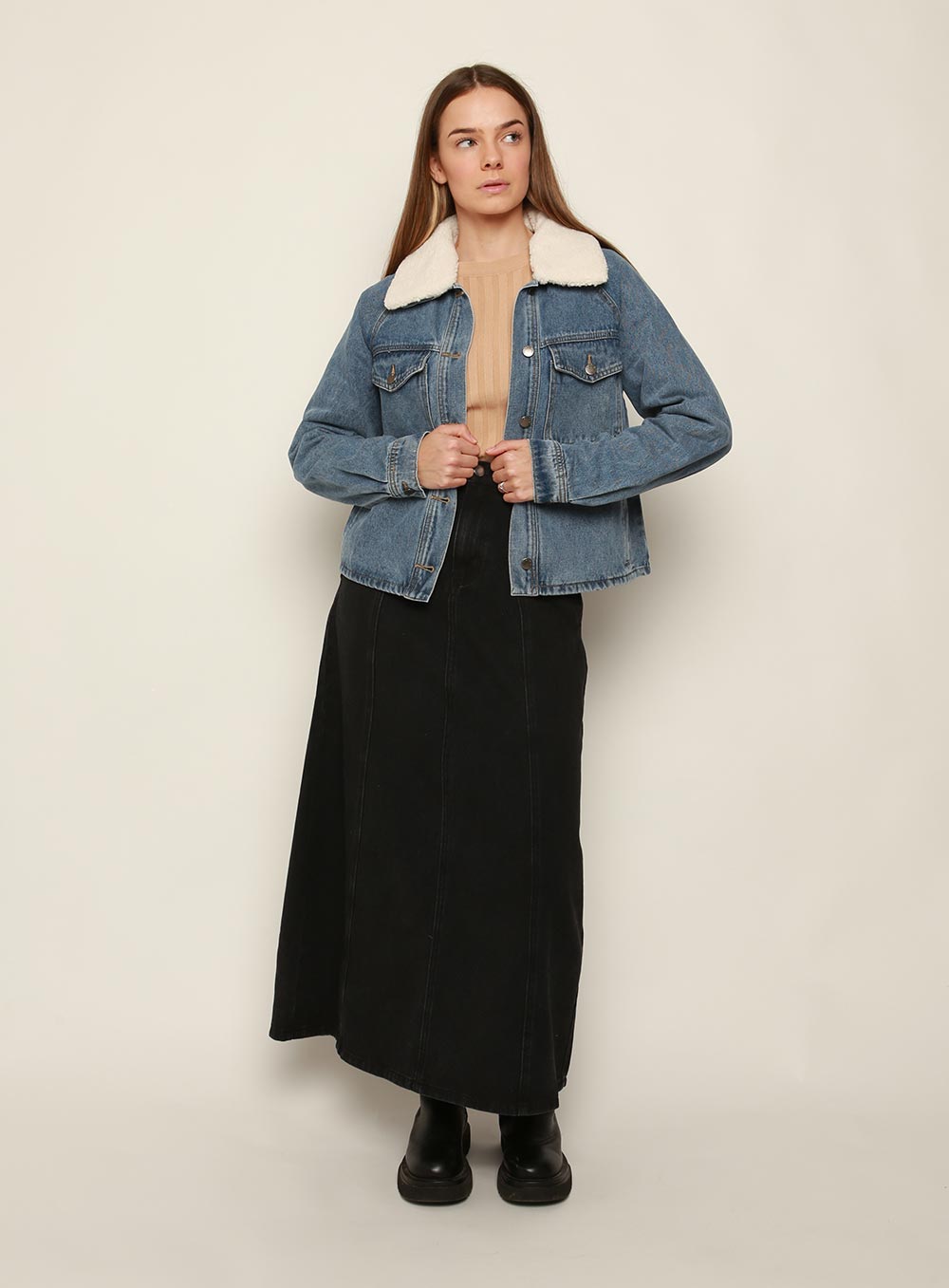 Ava Sherpa Denim Jacket-Mid Blue