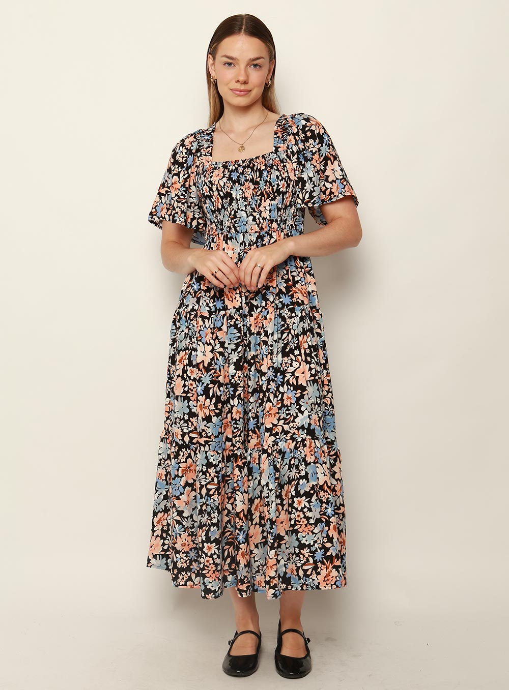 Avril Shirred Maxi Dress-NAVY