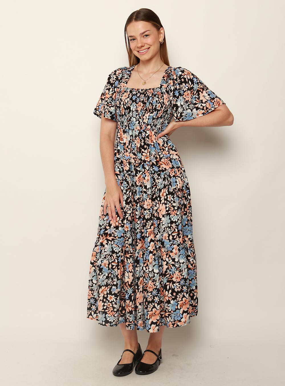 Avril Shirred Maxi Dress-NAVY