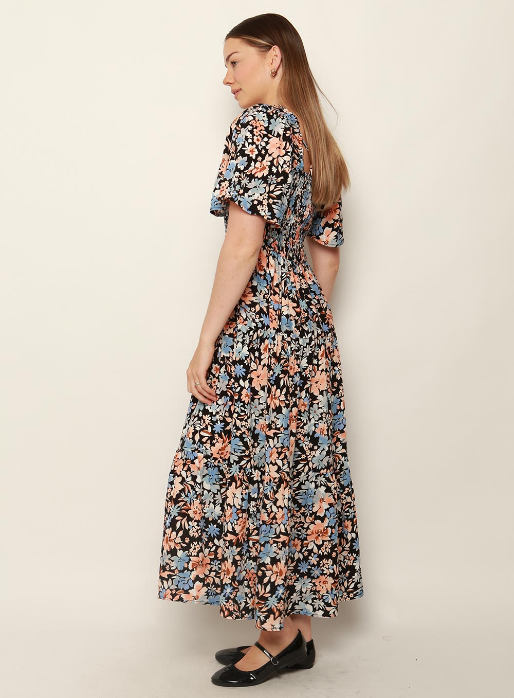 Avril Shirred Maxi Dress-NAVY