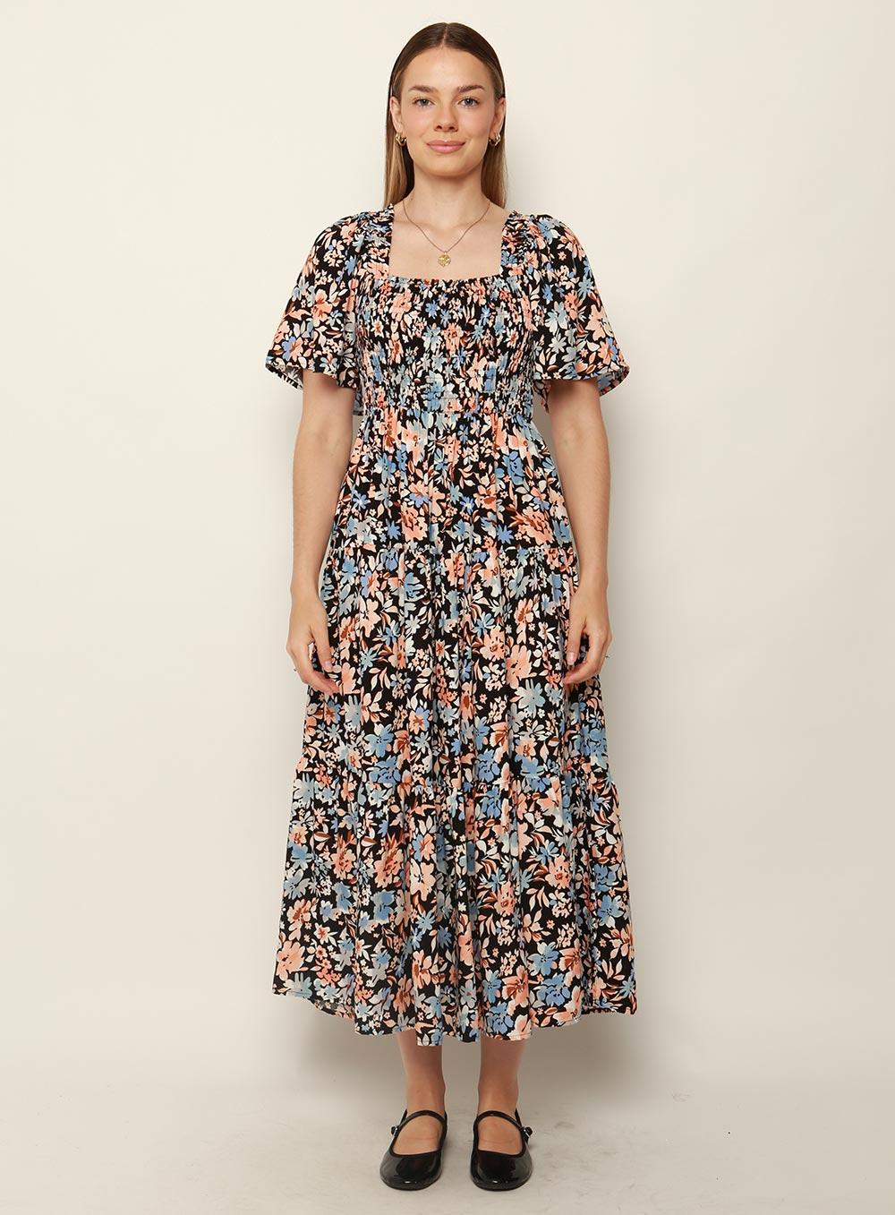 Avril Shirred Maxi Dress-NAVY