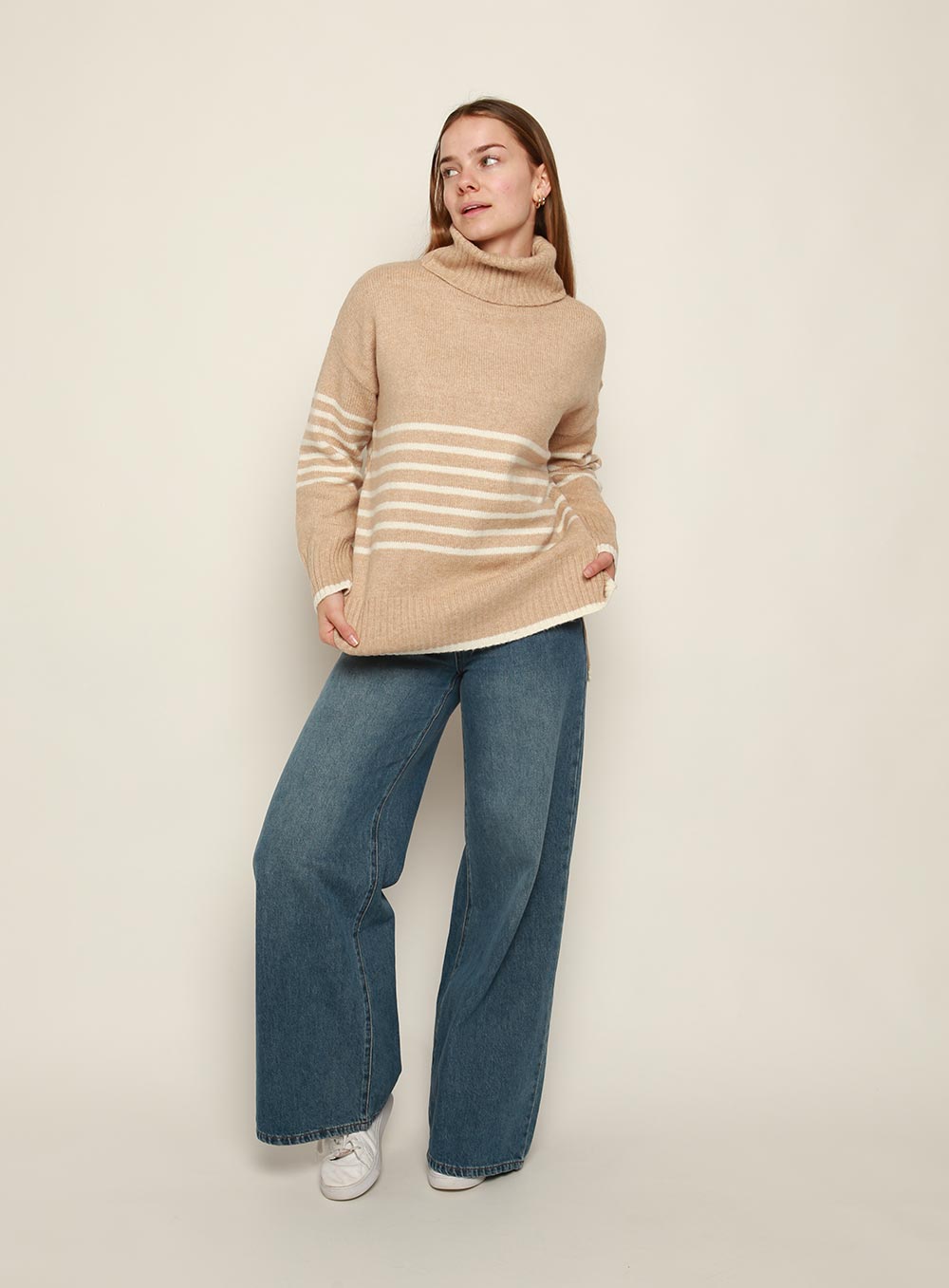 Cindy Roll Neck Stripe Knit-CAMEL/WHITE