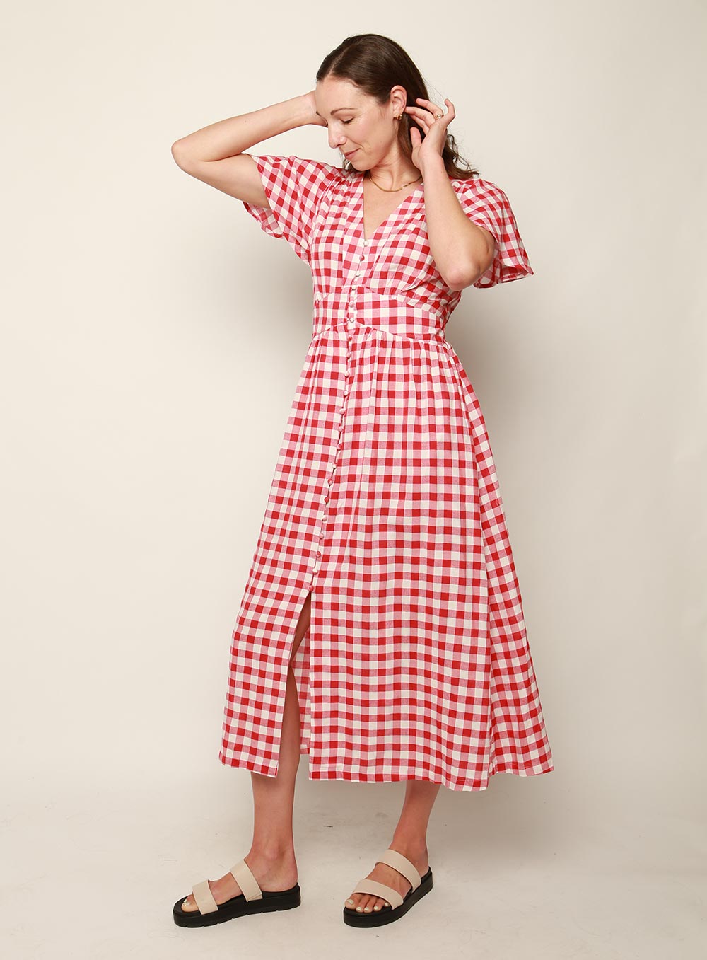 Connie Gingham Midi Dress-RED