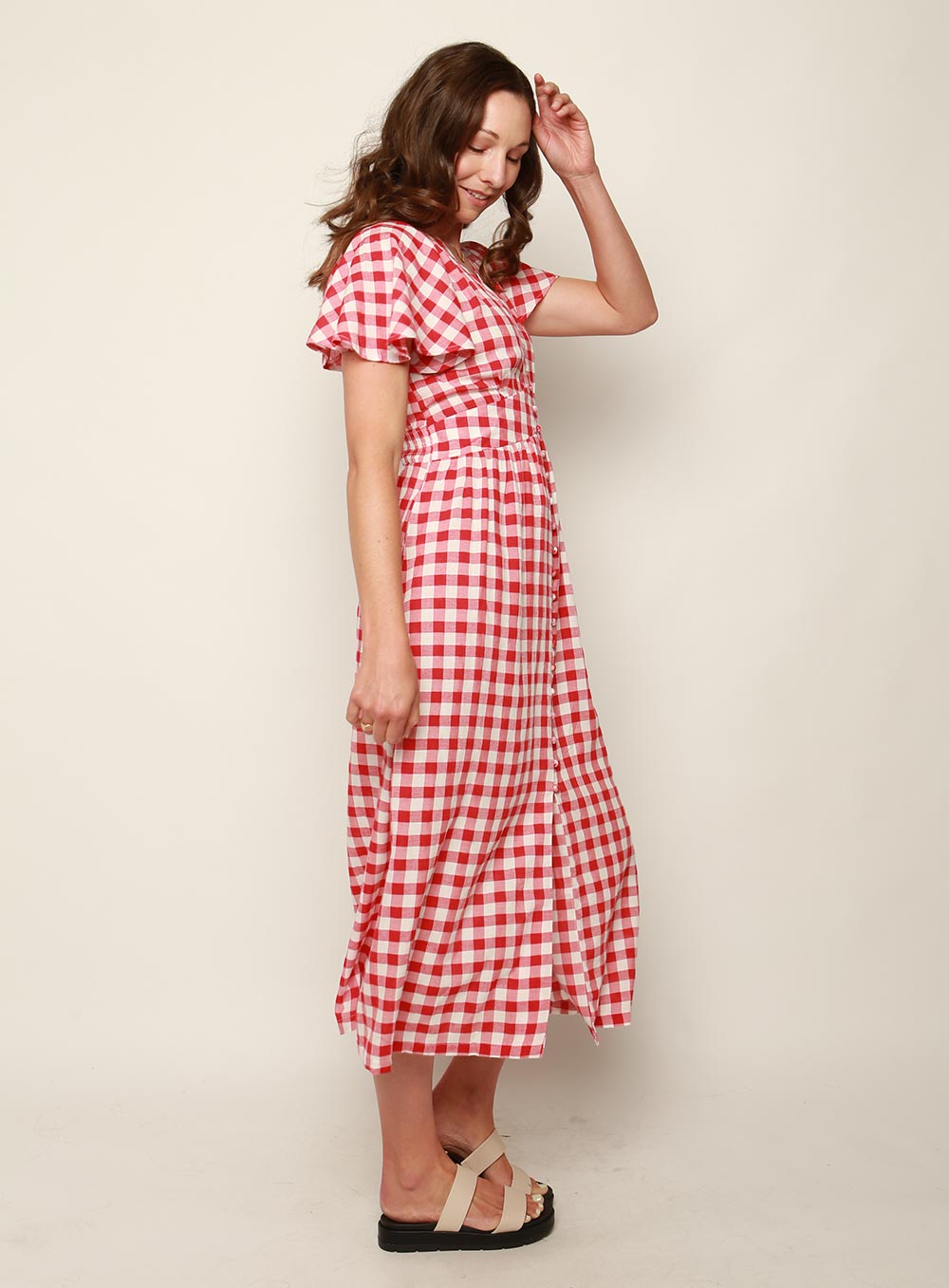 Connie Gingham Midi Dress-RED