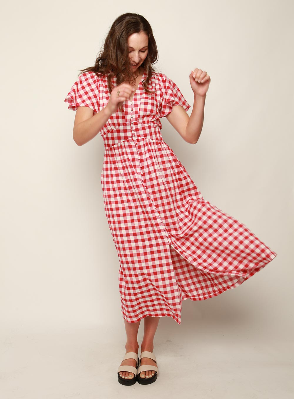 Connie Gingham Midi Dress-RED