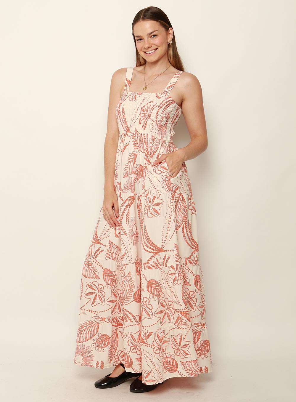 Dandi Shirred Strap Maxi Dress-TAN