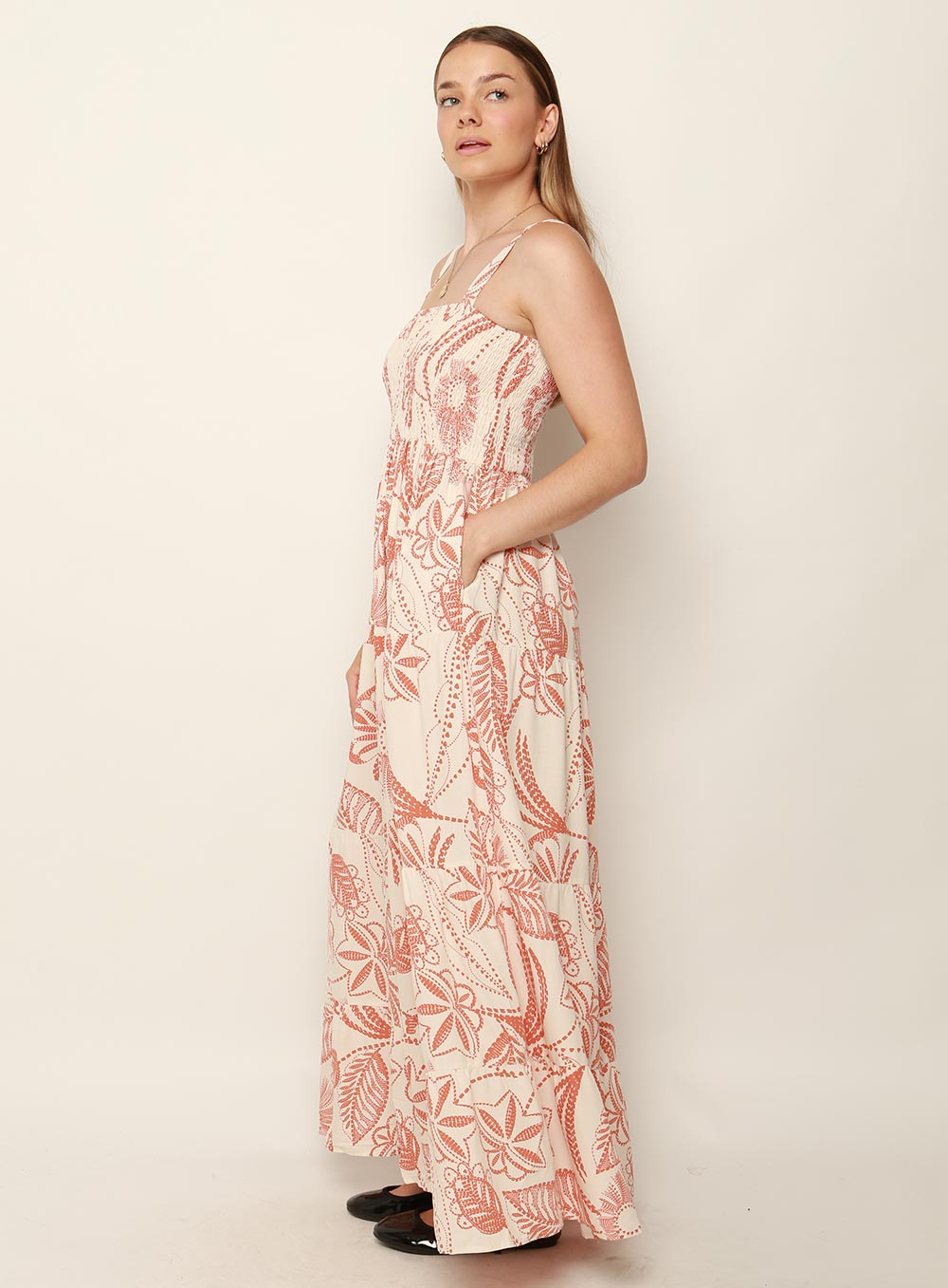 Dandi Shirred Strap Maxi Dress-TAN