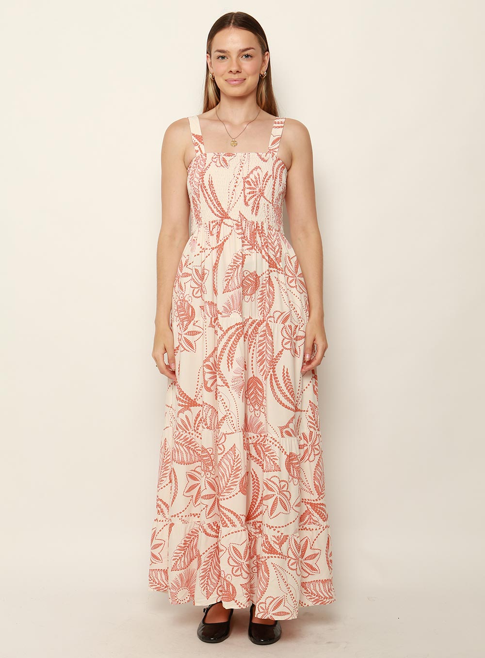 Dandi Shirred Strap Maxi Dress-TAN