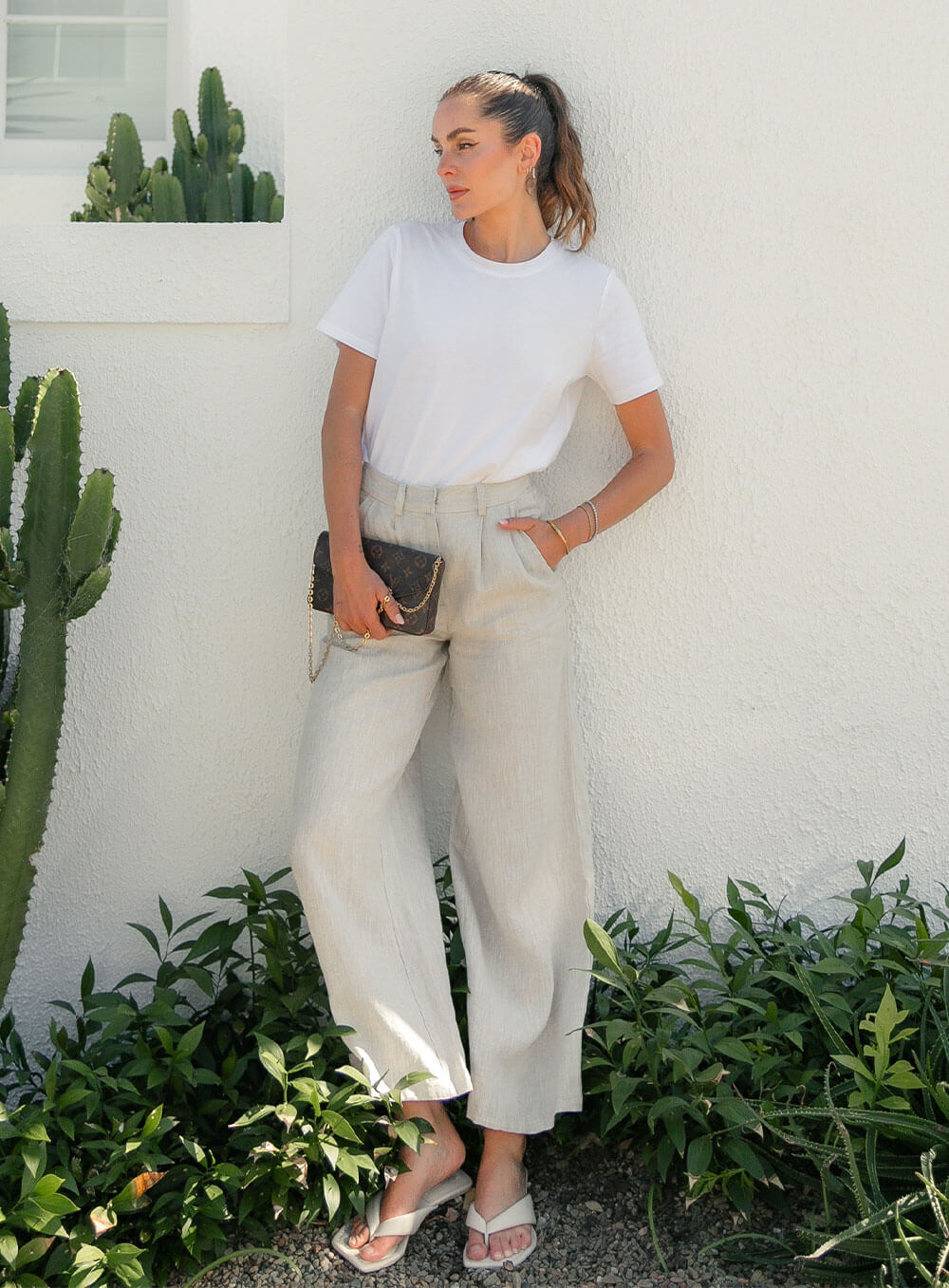 Edith Linen Culottes in beige is 100% Linen with elastic waistband at back, only slightly cropped,  button and zip enclosure at front and 2 side pockets
