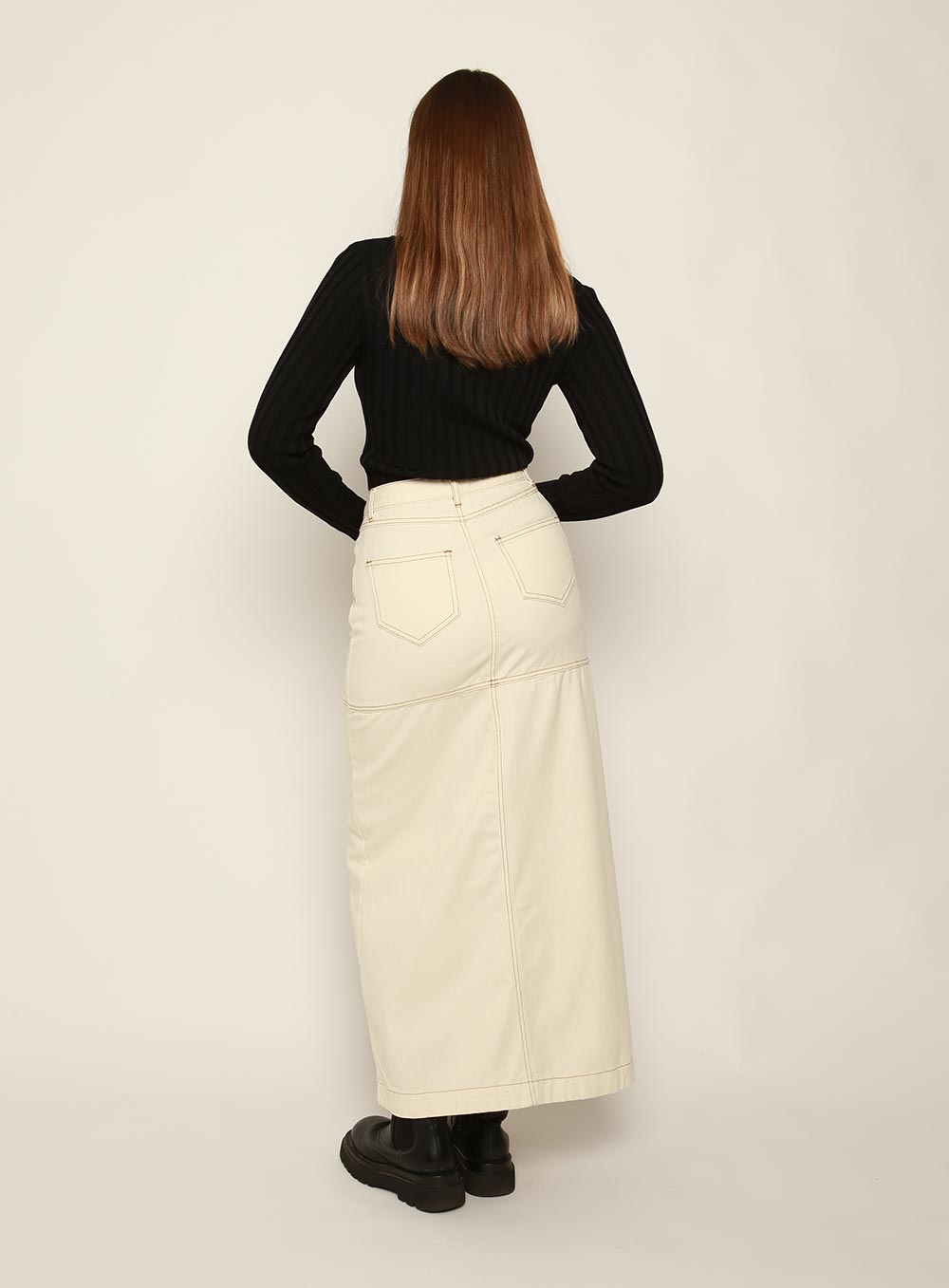 Flora Midi Denim Skirt-IVORY