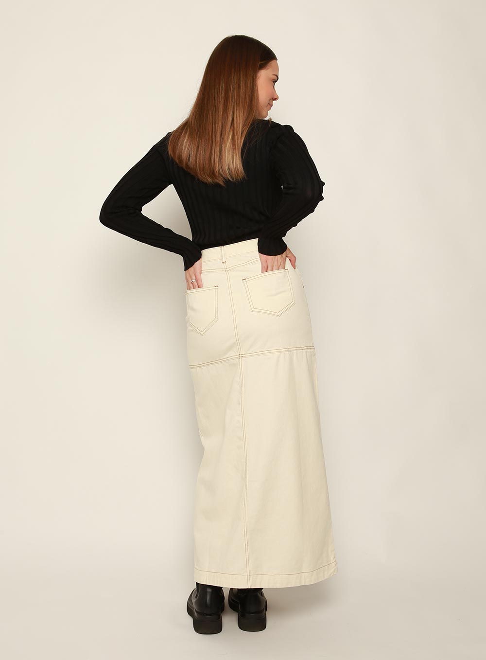 Flora Midi Denim Skirt-IVORY