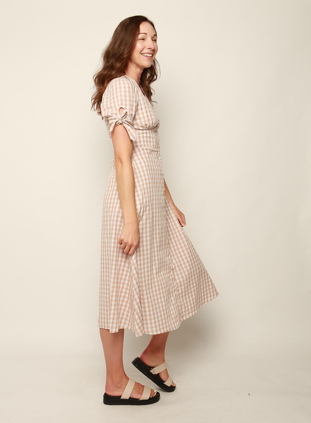 Florence Gingham Dress-LATTE