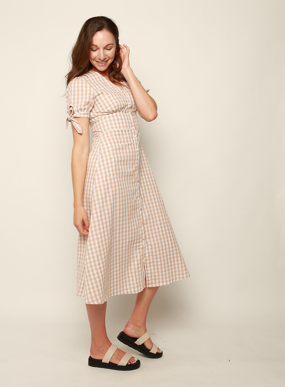 Florence Gingham Dress-LATTE