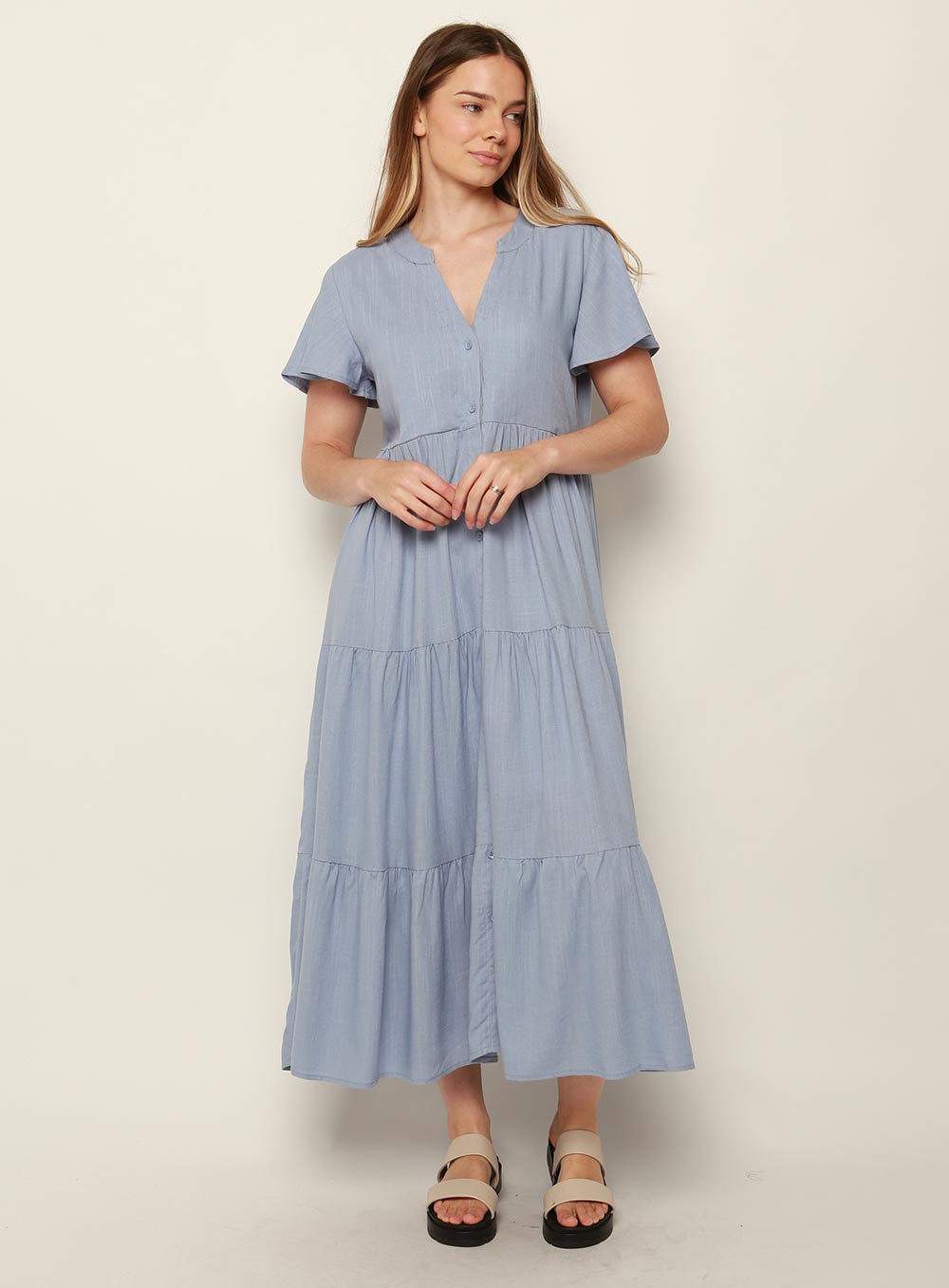 Katie Tiered Midi Dress-BLUE