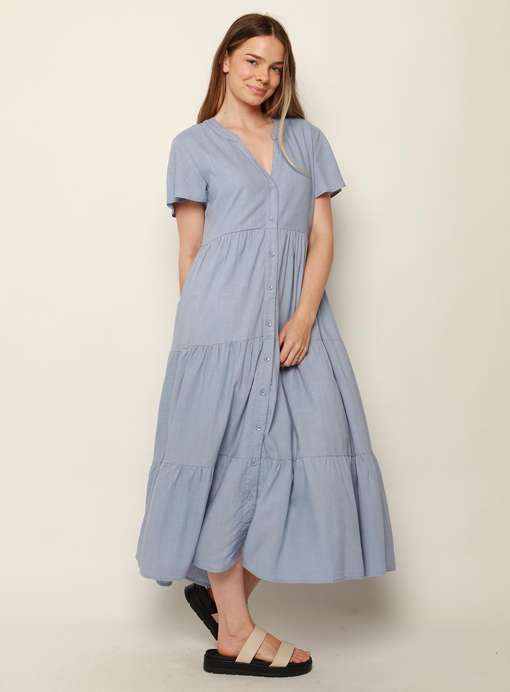 Katie Tiered Midi Dress-BLUE