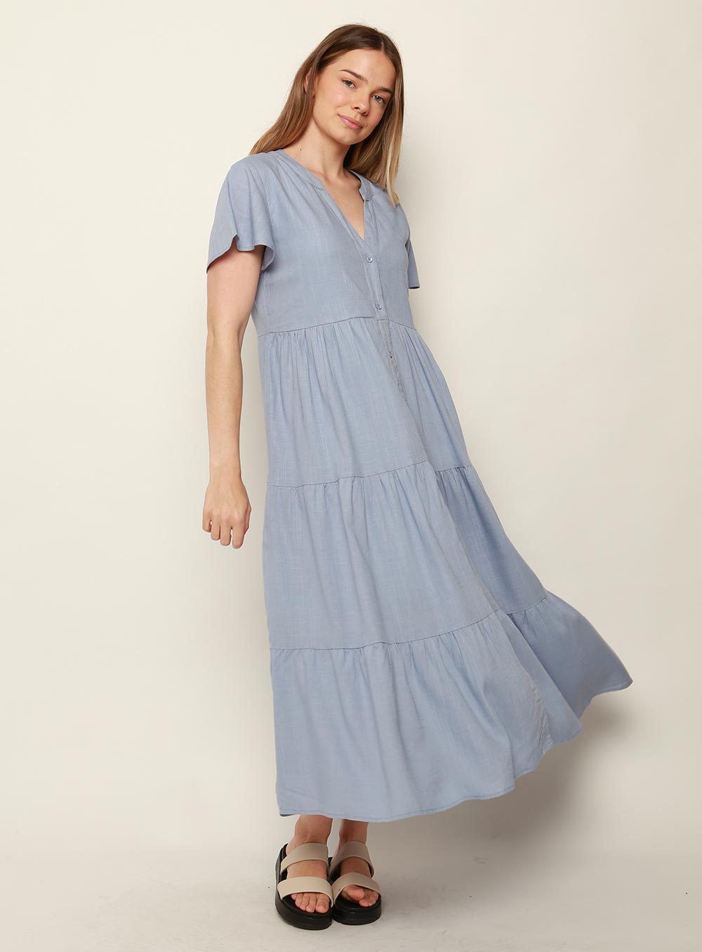 Katie Tiered Midi Dress-BLUE