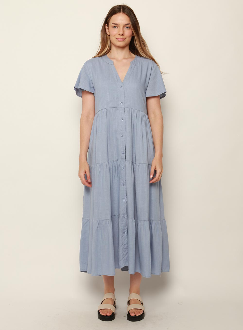 Katie Tiered Midi Dress-BLUE