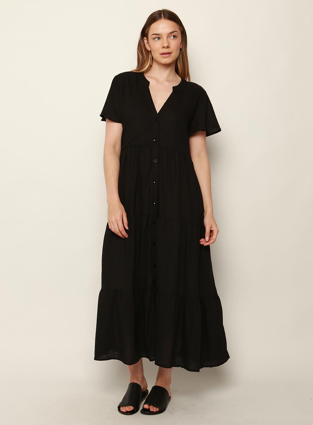 Katie Tiered Midi Dress-Black