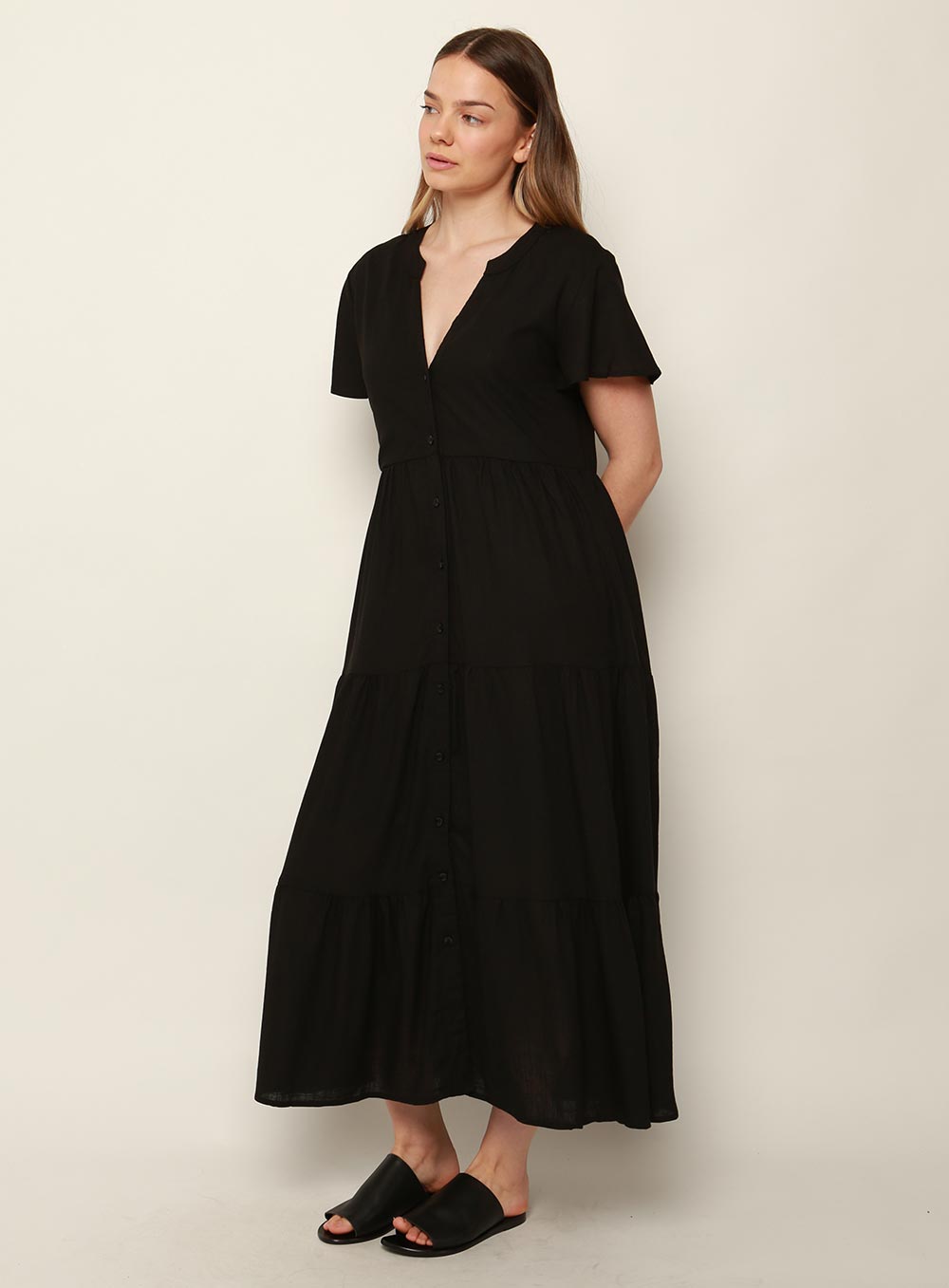 Katie Tiered Midi Dress-Black