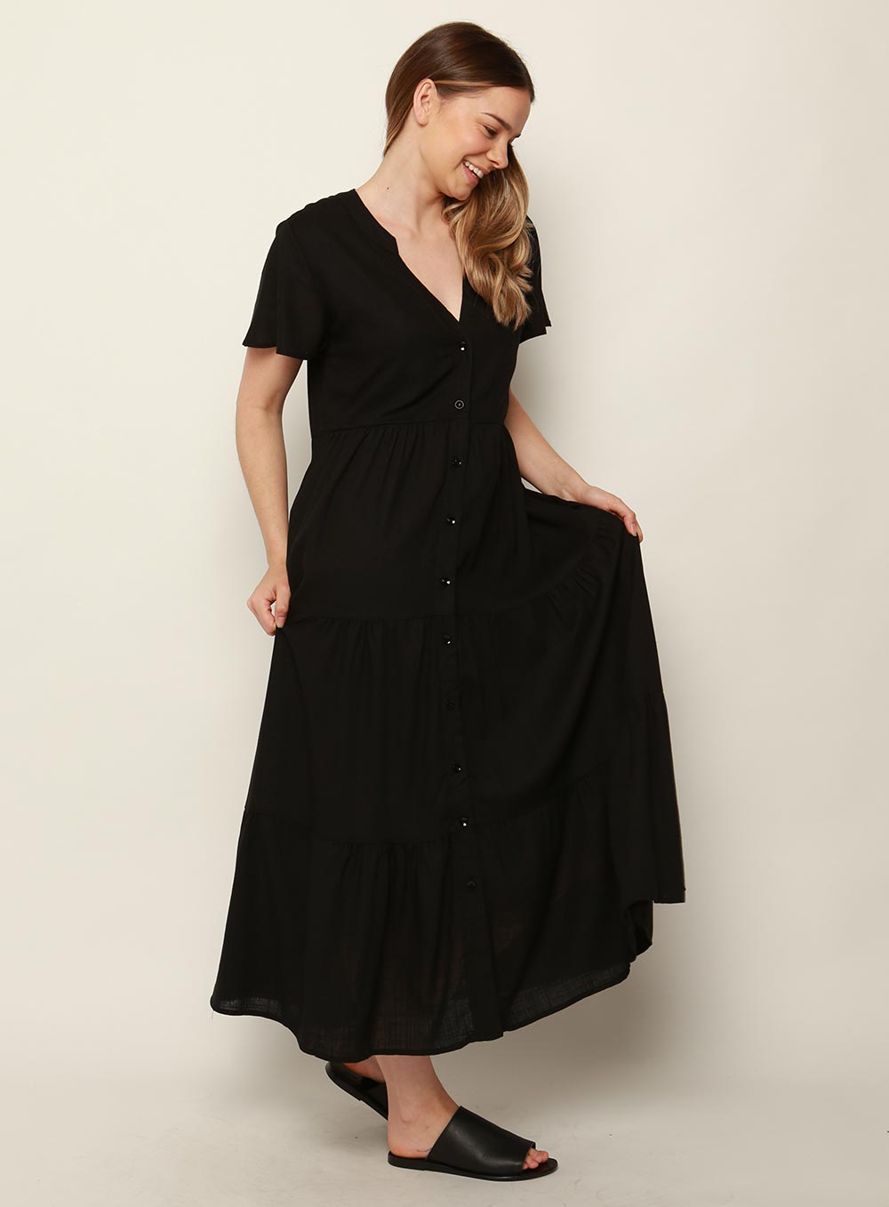 Katie Tiered Midi Dress-Black