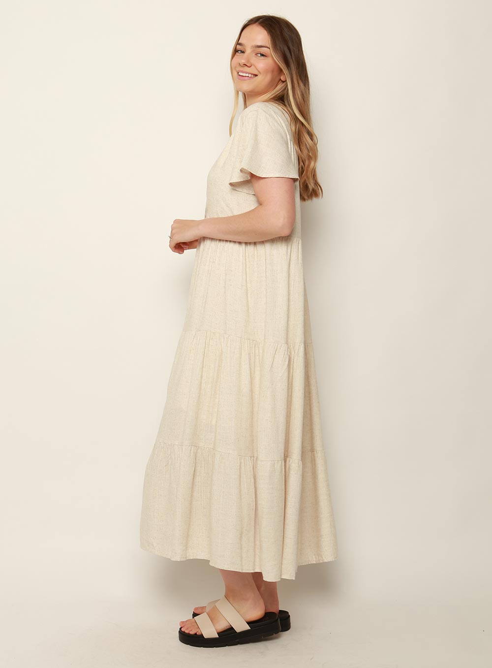 Katie Tiered Midi Dress-NATURAL