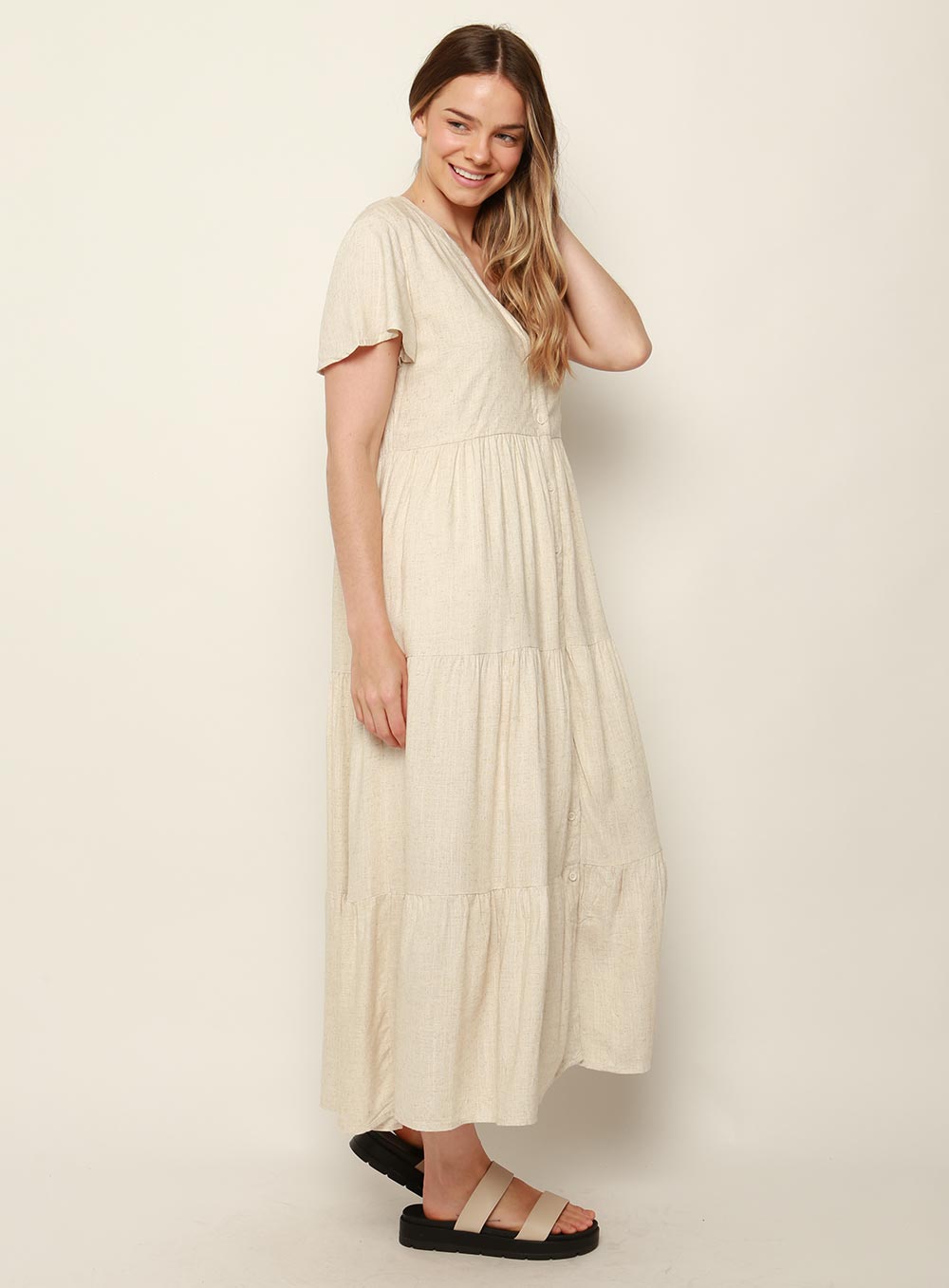 Katie Tiered Midi Dress-NATURAL