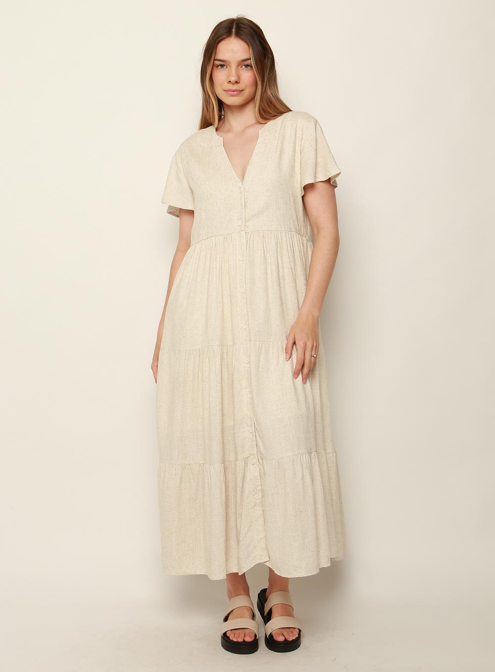 Katie Tiered Midi Dress-NATURAL