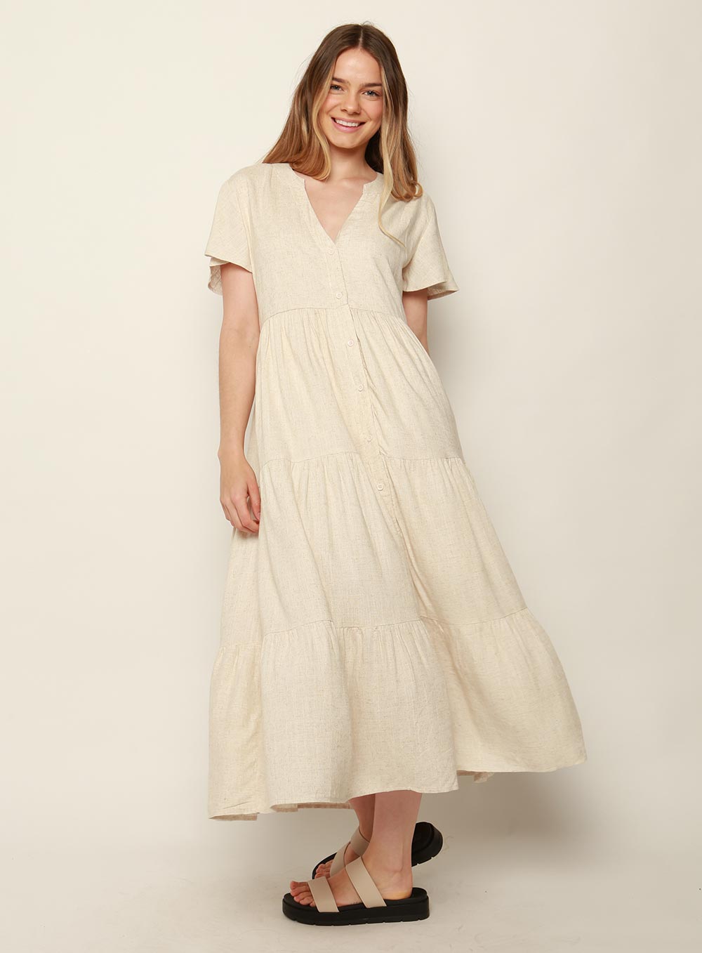 Katie Tiered Midi Dress-NATURAL