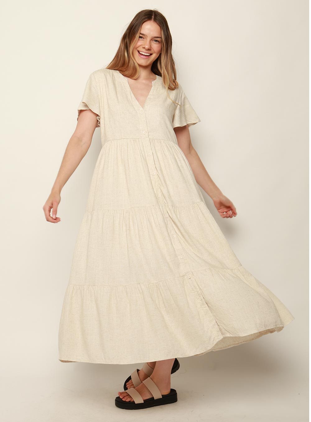 Katie Tiered Midi Dress-NATURAL