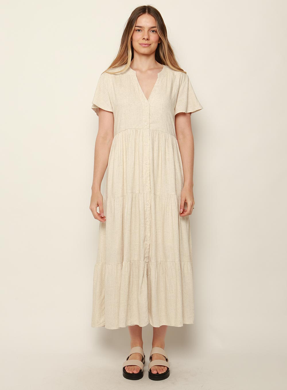 Katie Tiered Midi Dress-NATURAL