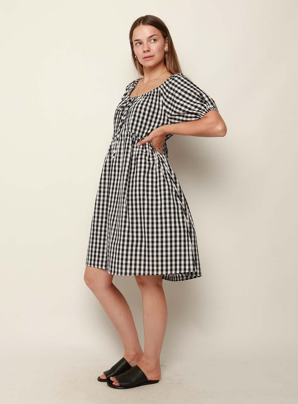 Lisa Gingham Drawstring Dress-Black