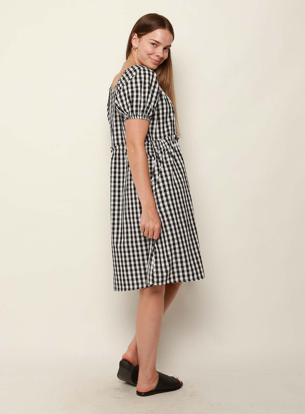 Lisa Gingham Drawstring Dress-Black