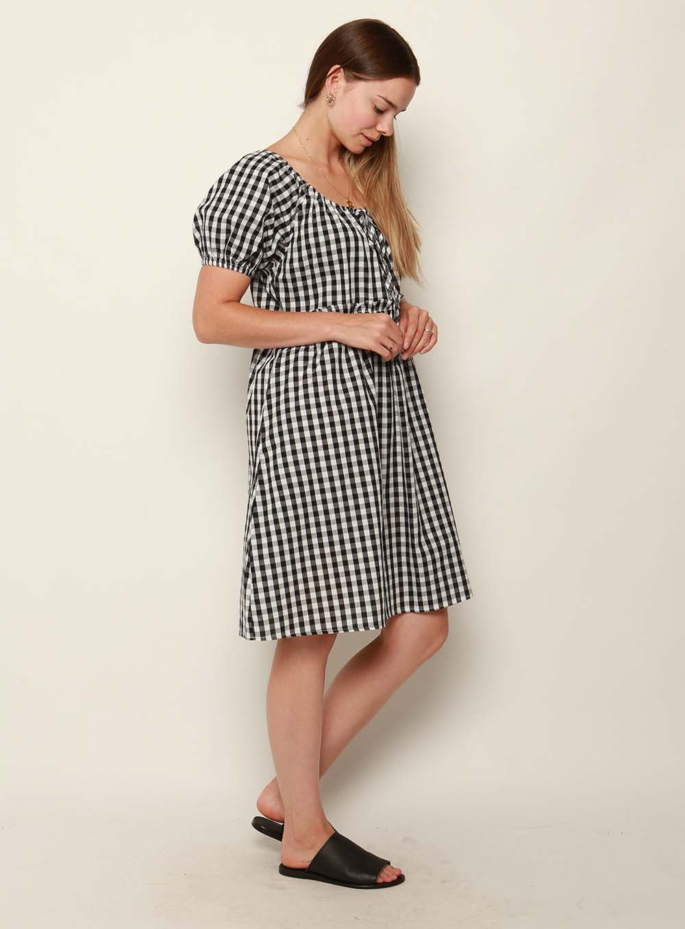 Lisa Gingham Drawstring Dress-Black