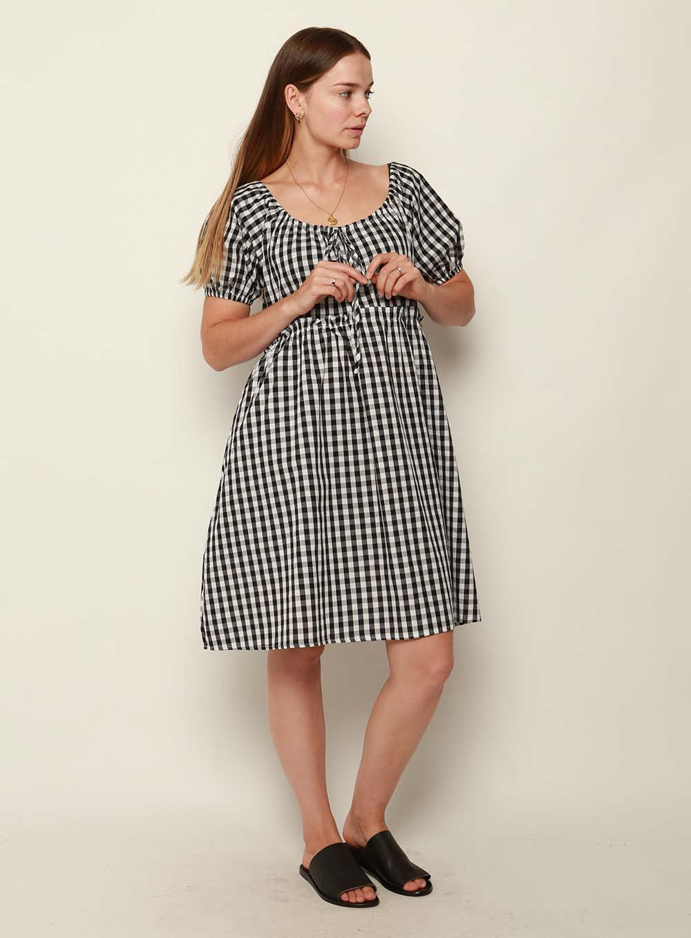 Lisa Gingham Drawstring Dress-Black