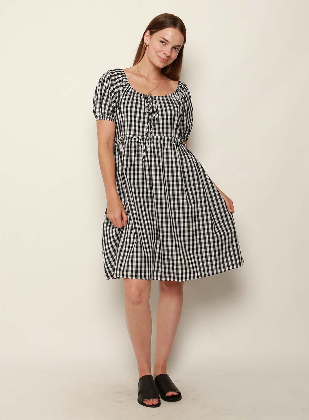 Lisa Gingham Drawstring Dress-Black