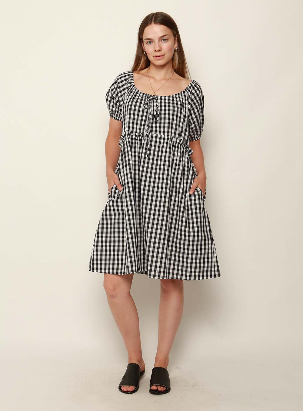 Lisa Gingham Drawstring Dress-Black