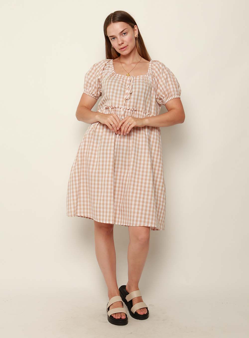 Lisa Gingham Drawstring Dress-LATTE