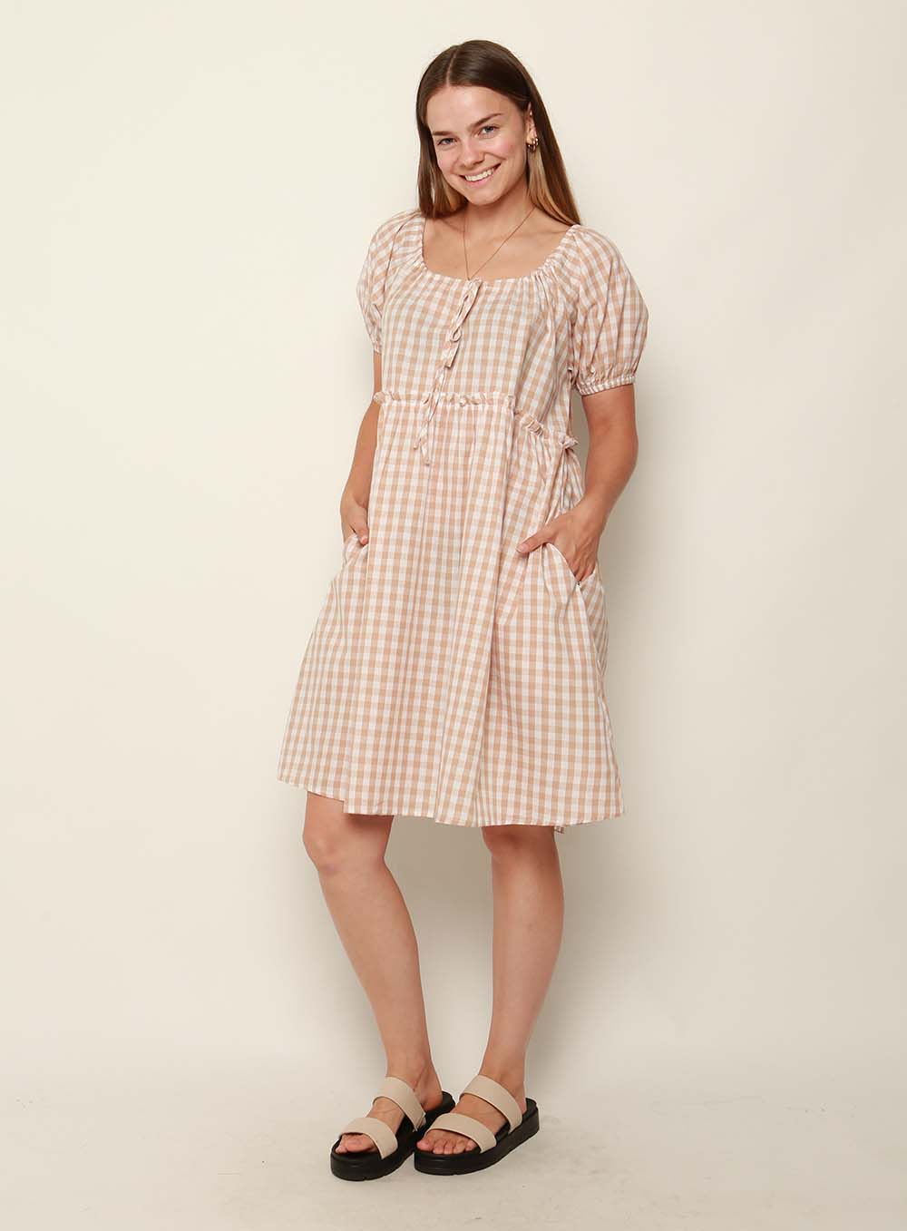 Lisa Gingham Drawstring Dress-LATTE